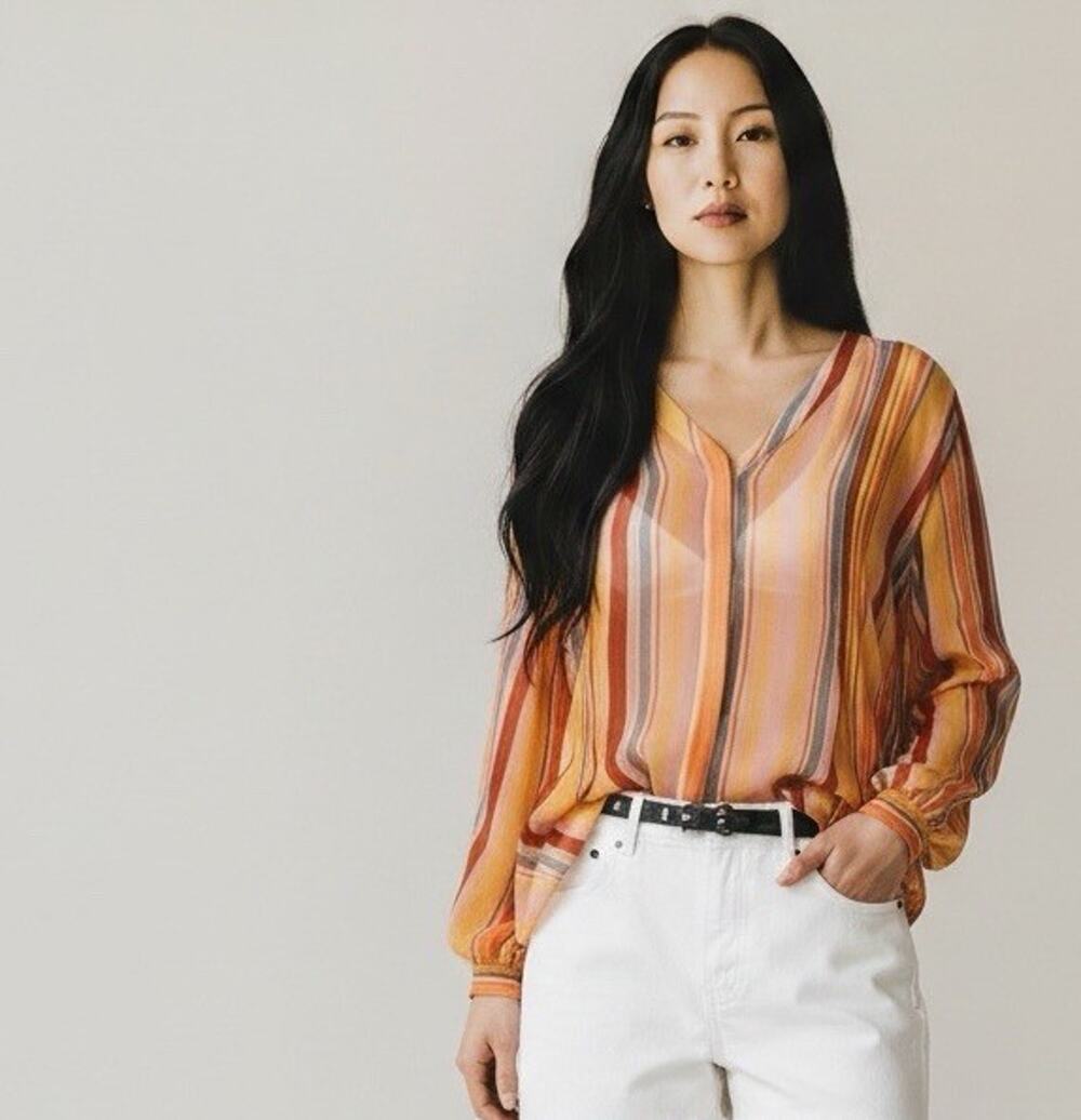 AllSaints Adra Striped Shirt US 10 Multicolor Sheer Crepe Long Sleeve V Neck
